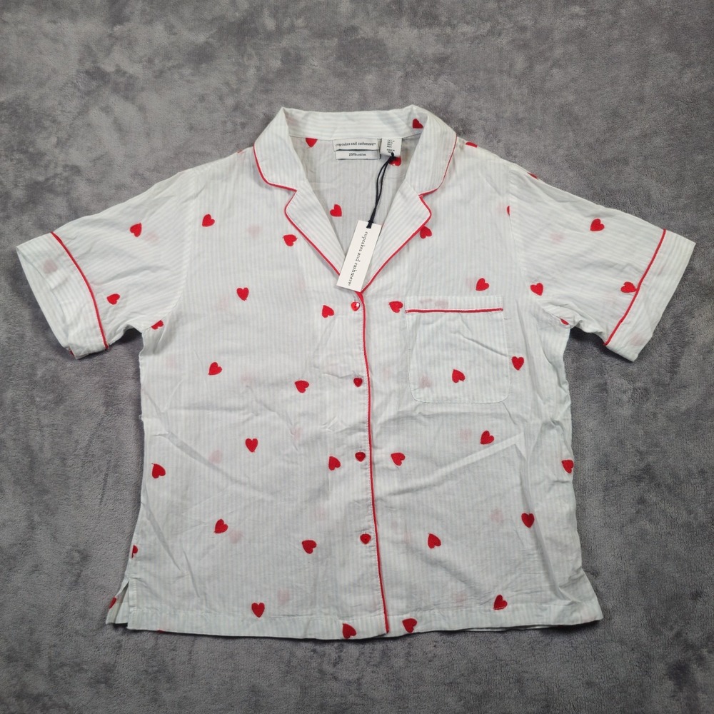 Cupcakes and Cashmere Pajama Top Womens Small NWT Blue Stripe Red Hearts Cotton